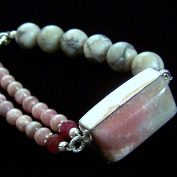 OAK RHODOCHROSITE RUBY JASPER RHODONITE 925 Sterling silver Bracelet Asymmetric - Picture 7 of 10
